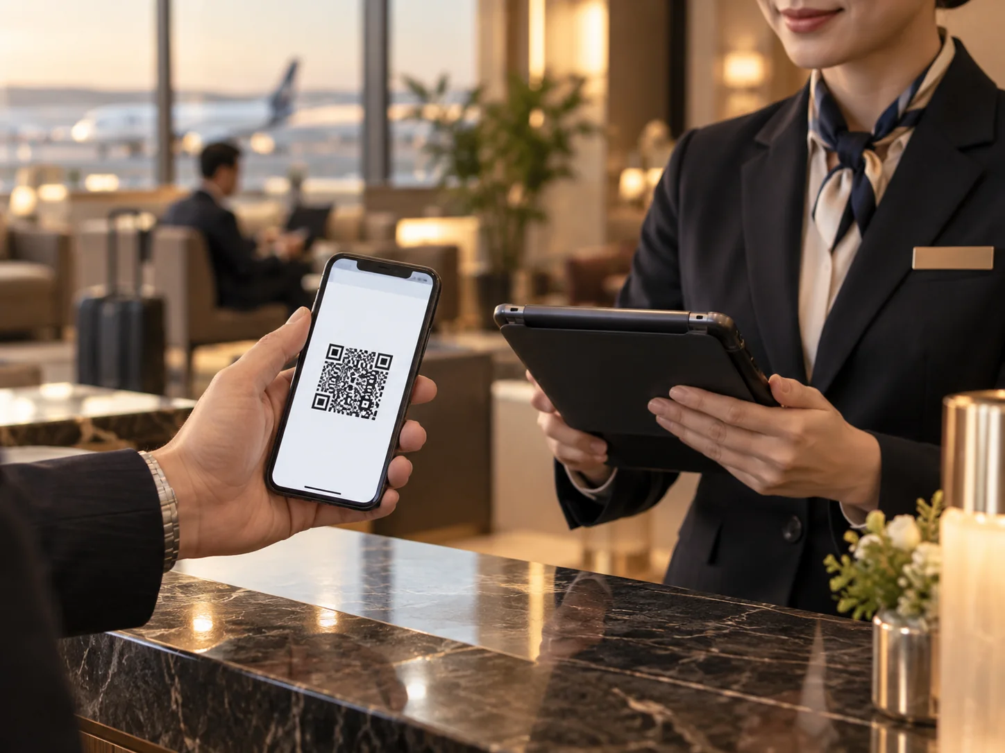Khách đưa điện thoại có mã QR để nhân viên kiểm tra